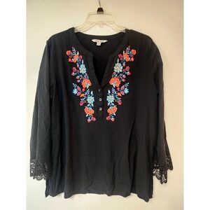 Pioneer Woman Black Embroidered Floral Blouse 3/4 Length Sleeves, w/Lace   XL
